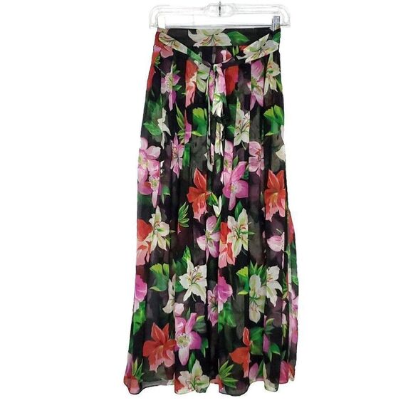 Nick Nora Floral Pleated Wrap Skirt S M Black Shear Tropical Resort Hawaiian - Picture 3 of 4